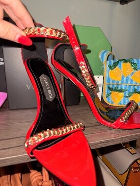 Jessica Red Patent Leather Heels with Gold Chain Detail